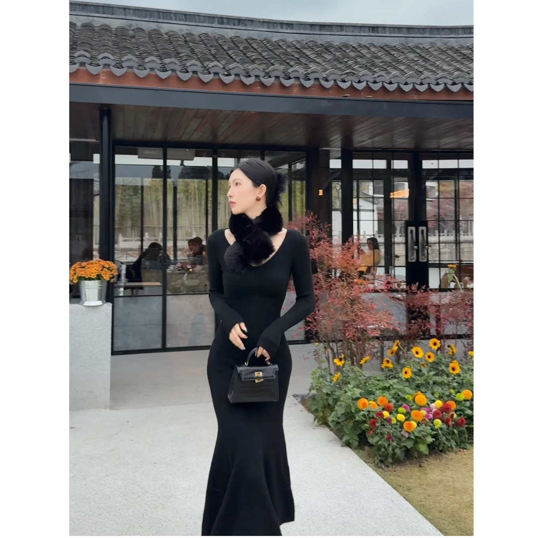 【光影】显瘦收腰羊毛驼毛混纺长毛环保毛领两件套连衣裙