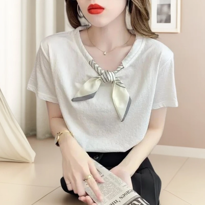 小香风精梳棉短袖领结丝带气质温柔t恤正肩圆领上衣加宽加大衣服