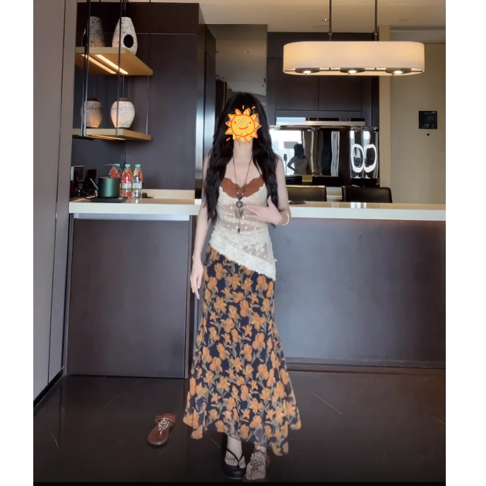 【盛夏栀子】夏季蕾丝波点拼接假两件碎花印花裙气质显瘦连衣裙