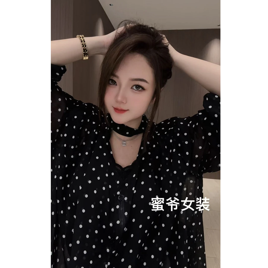 【蜜爷家】夏季系带波点雪纺衫1188#