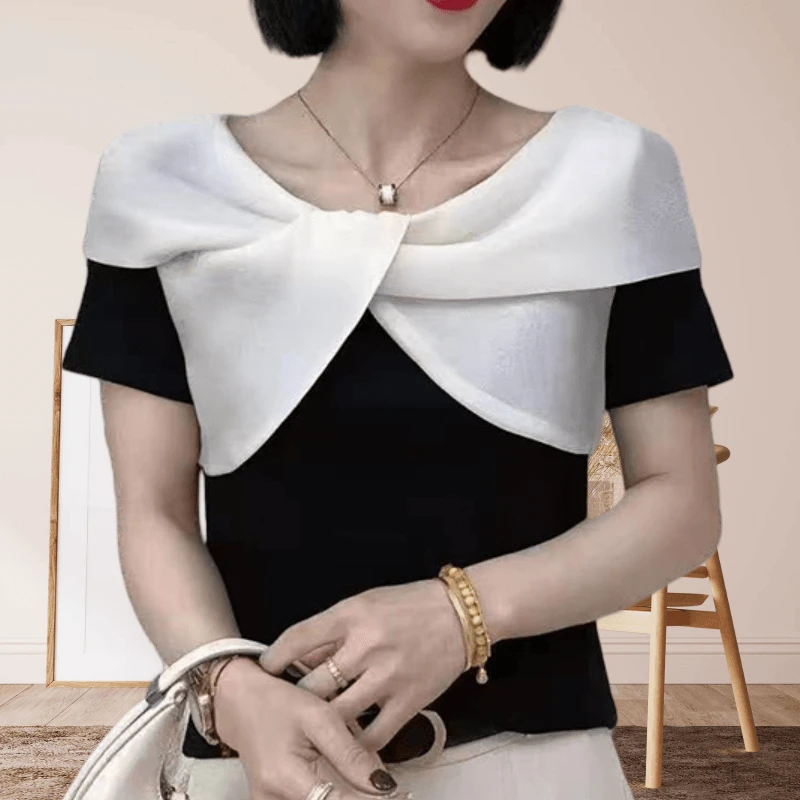 法式气质时尚交叉短袖上衣女夏季新款小众设计高级感拼接撞色T恤