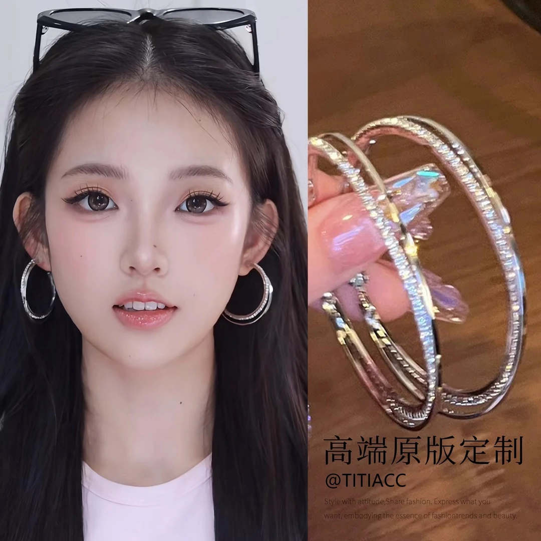 合金耳饰 千禧辣妹闪钻双圈耳环女古早感夸张小众大耳圈耳钉耳饰