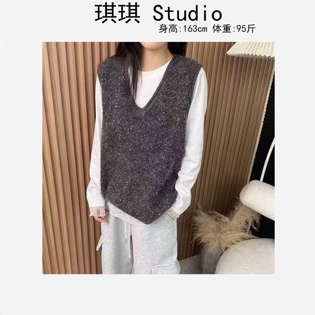 冬季新款重工设计感包边v领亮片闪闪气质时尚显瘦减龄针织马甲-L