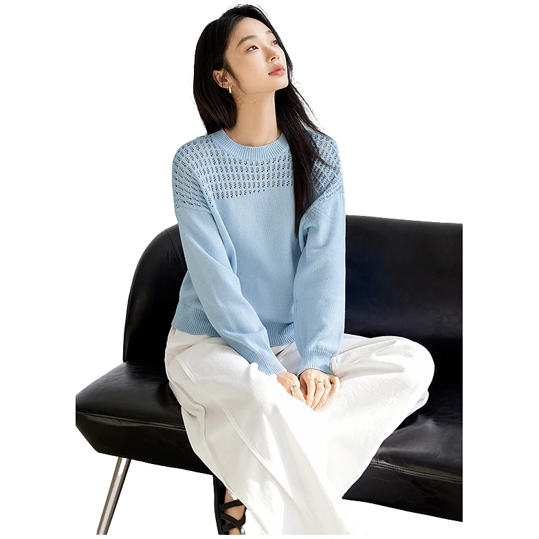 对白欧若风纯棉亲肤柔软镂空毛衣女春季套头针织衫DYZB-FDE032