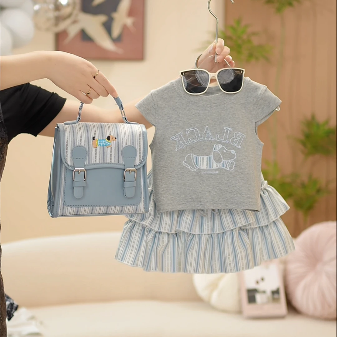 2025夏季女童新款休闲风套装时尚洋气韩版宽松格子小狗