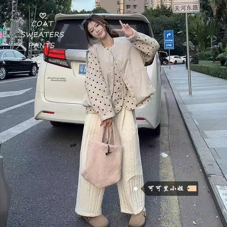 叠穿加厚夹棉马甲波点保暖长袖棉服外套长棉裤女套装