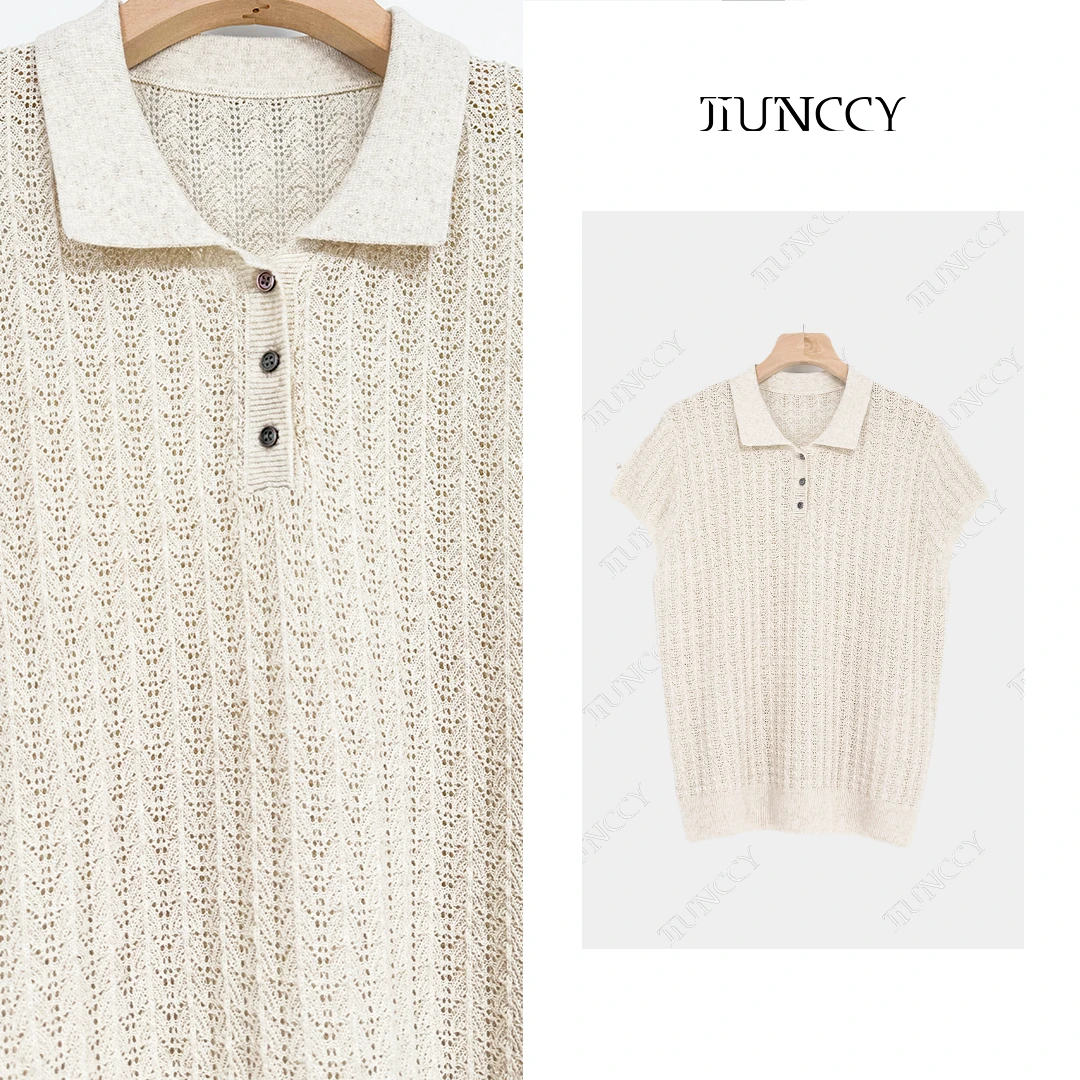 JIUNCCY【花骨】亚麻天丝翻领针织鱼骨纹镂空套头短袖针织 52YZZ070