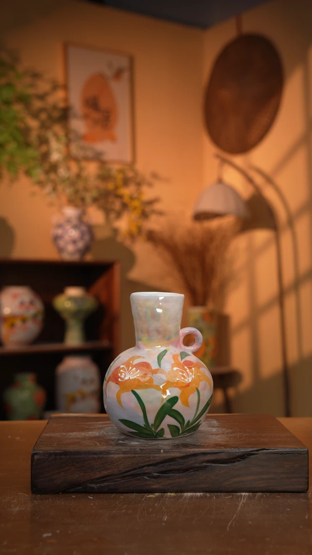 纯手工景德镇手绘单耳款摆件粉色花卉立体花陶瓷手工釉下彩