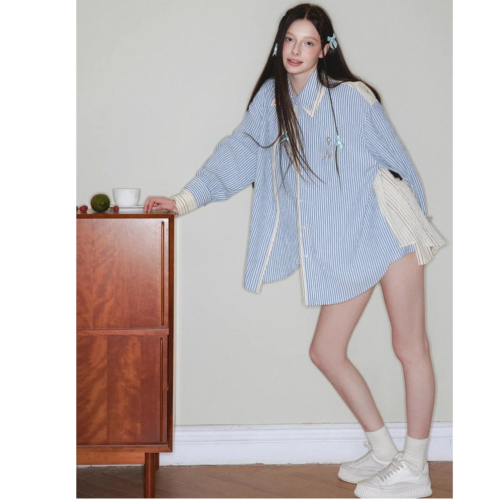 【布鲁士蓝】调美式复古撞色拼接条纹衬衫休闲宽松短裤套装
