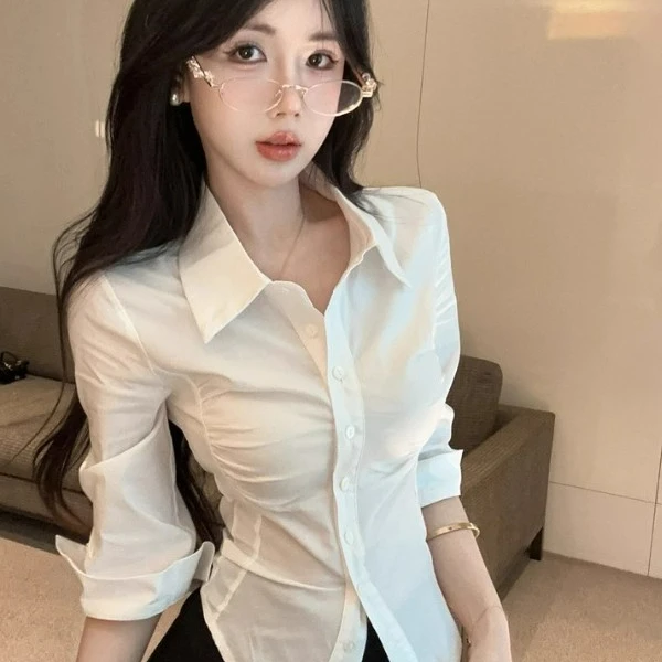 法式白色翻领长袖衬衫女秋季高级感气质修身通勤职业衬衣收腰上衣