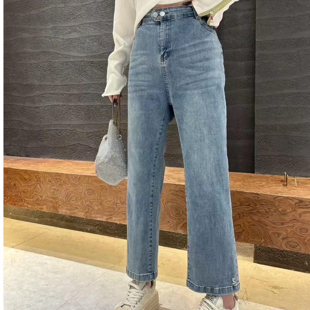 2025百搭松紧净版直筒牛仔裤宽松遮胯早春大码女装简约烟管九分裤