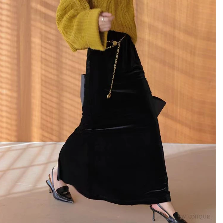 加长丝绒半裙长裙后开叉气质显瘦时尚黑色中长款秋冬