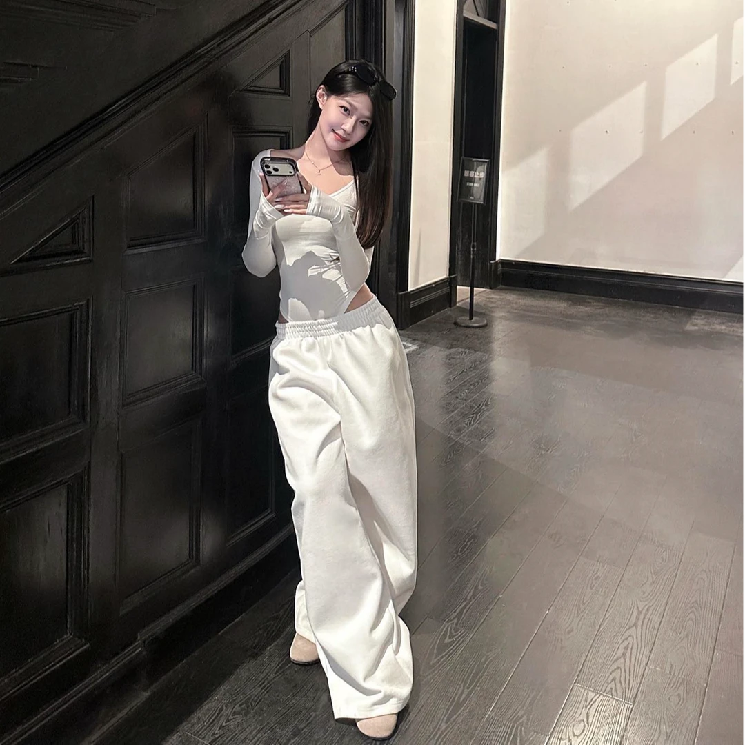 绝美巨好看漂亮辣妹设计感长袖连体衣紧身V领连身上衣宽松阔腿裤