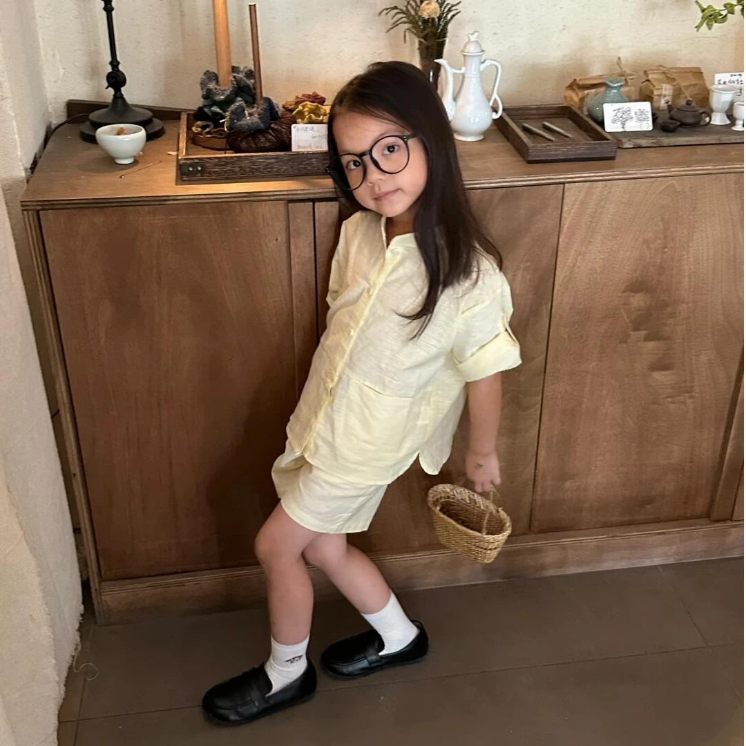 小思家女童2025夏季新款休闲韩版洋气单排扣上衣时髦宽松短裤套装