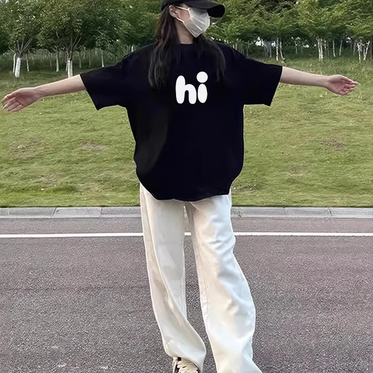 黑色t恤女夏季2025新款纯棉印花宽松短袖设计感上衣显瘦半袖体恤