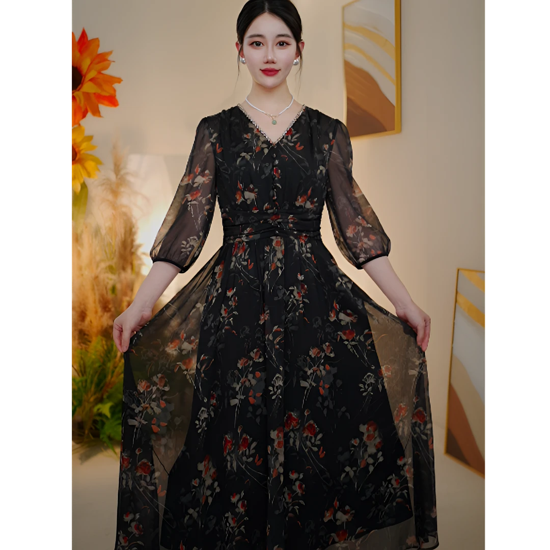 夏季新款时尚长款小碎花印花连衣裙气质女款长裙25L350