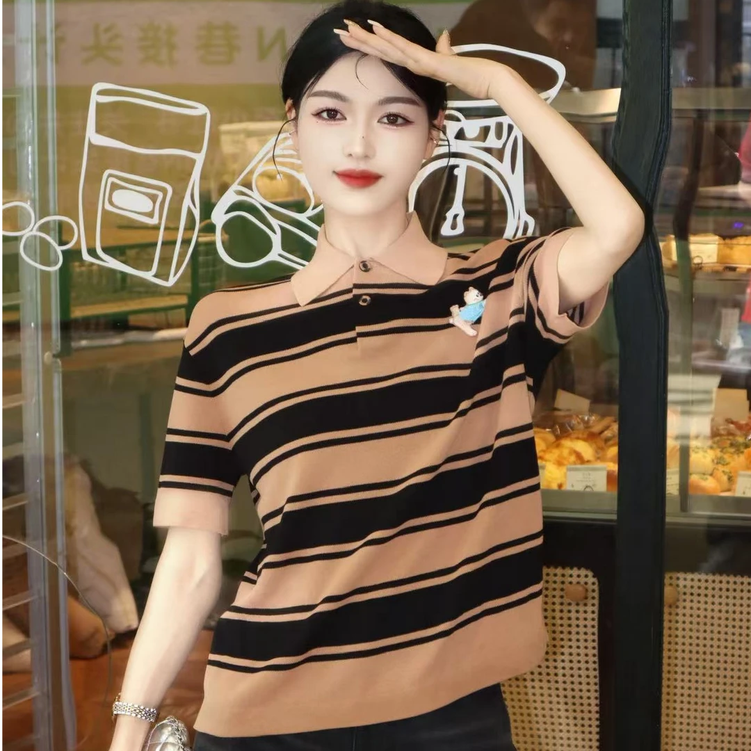 GIRDEAR/哥弟138023 新款老钱风经典条纹短袖针织衫POLO领百搭T恤