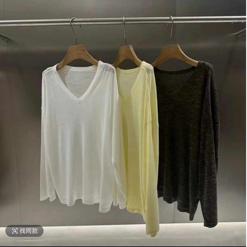 【ACTASK品牌】亚麻拉劳风 清冷老钱风 松弛感V领针织春上衣服1678