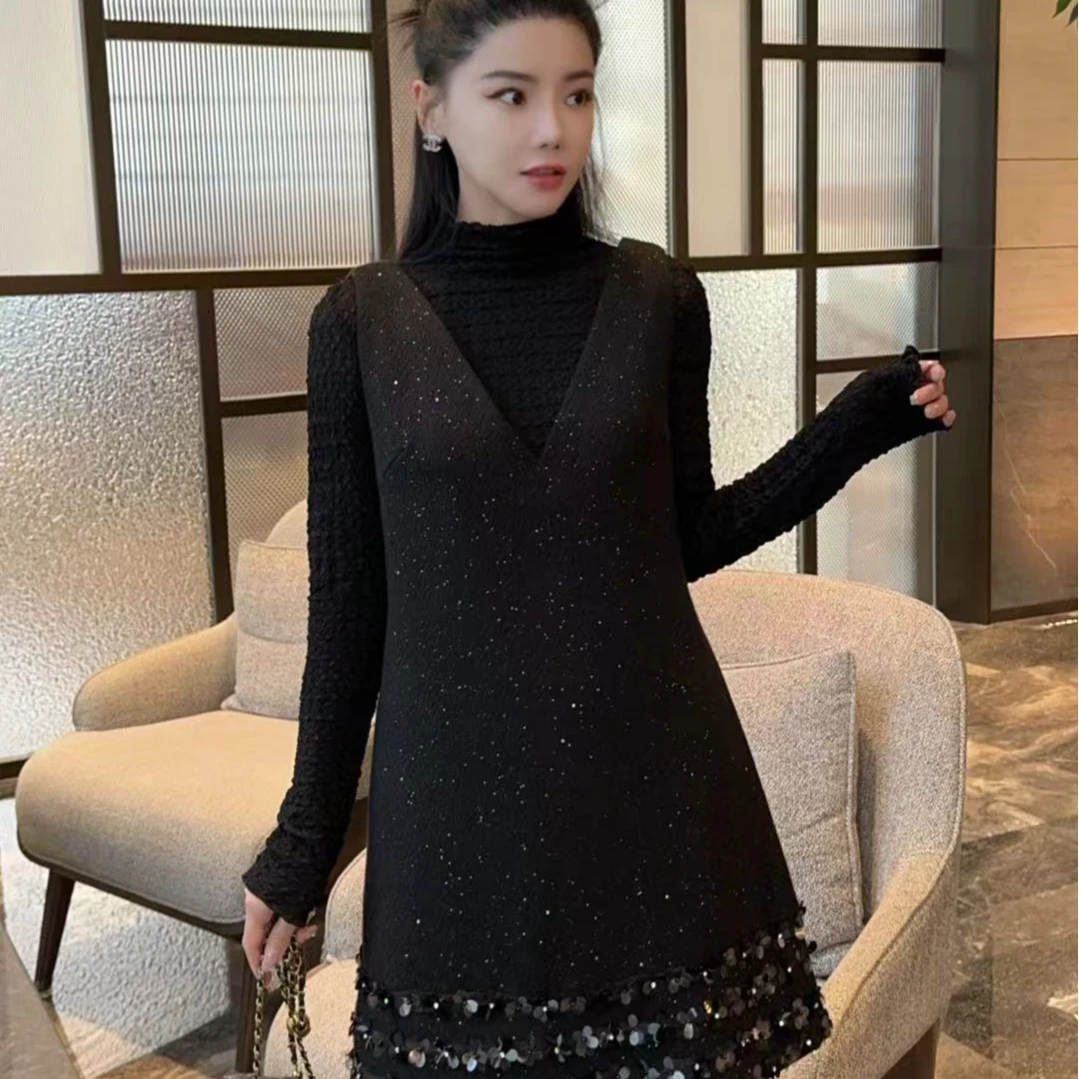 欧洲站2025春新款洋气显瘦减龄名媛小香风亮片背心裙两件套250044