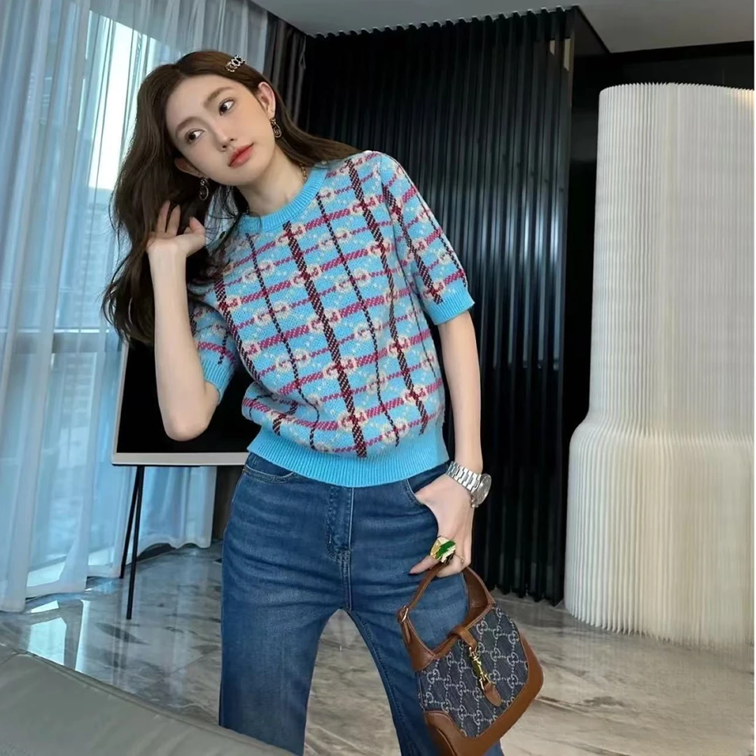 全新未使用 GUCCI/古驰 亿颗潮奢 logo格纹印花短袖针织衫S 7569