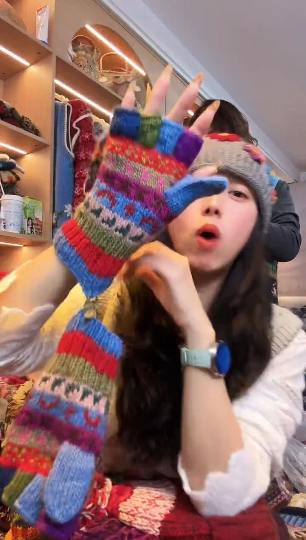 纯棉花***花百羊毛五指手套A499