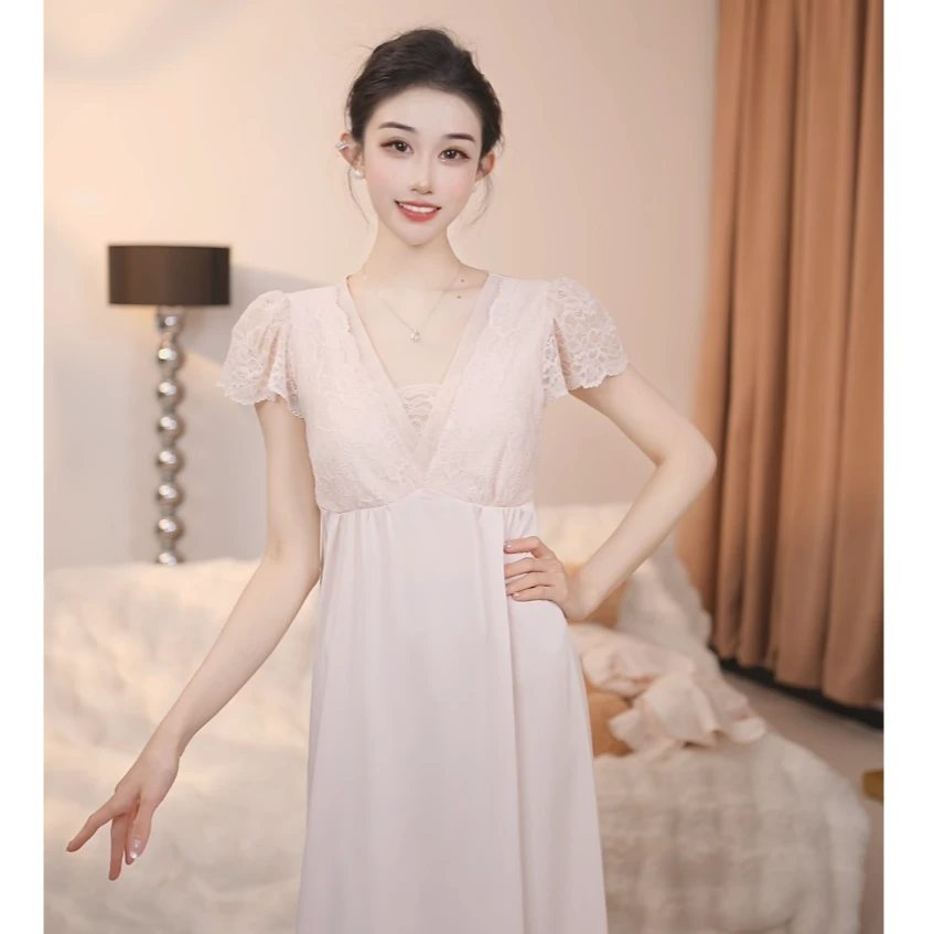 查理夫人【桃之夭夭】气质睡裙家居服蕾丝显瘦白色时尚春季