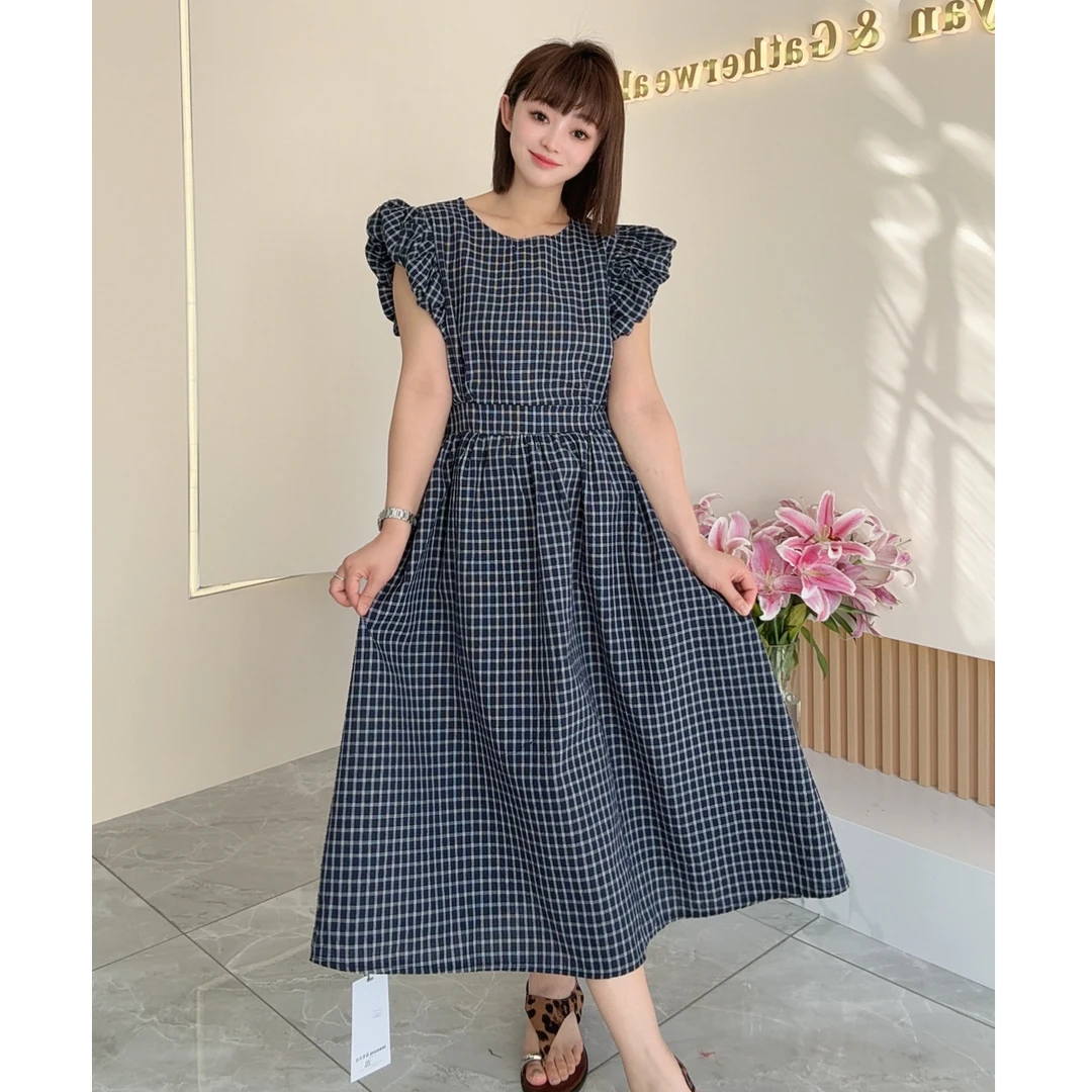 【鑫焱甄选】2025新款夏季欧货复古后绑带镂空圆领格子连衣裙