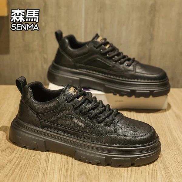 森马男鞋冬季新款男士英伦复古休闲皮鞋厚底增高轻奢黑色皮面板鞋