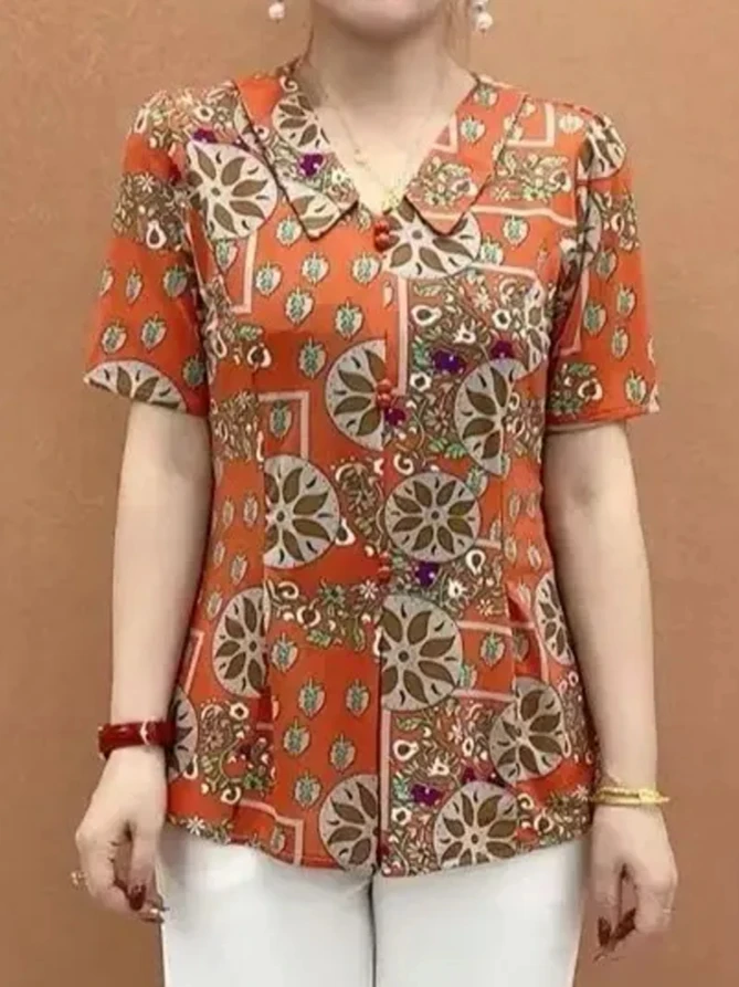 拼接娃娃领休闲百搭T恤衫2025夏季新款时尚妈妈宽松百搭碎花上衣