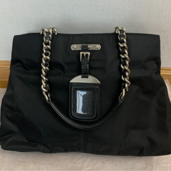 95新 Prada/普拉达 【白菜】侧标 黑银 帆布 托特包/BGD401870022
