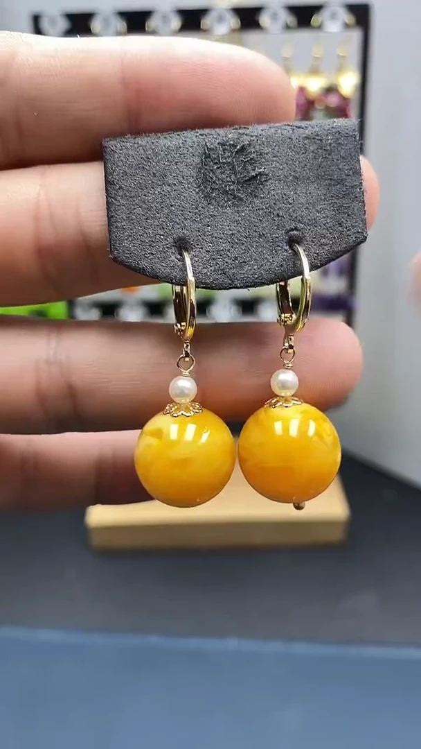 【闪购商品】蜜蜡耳饰银S925镀金镶嵌尺寸16mm耳扣06