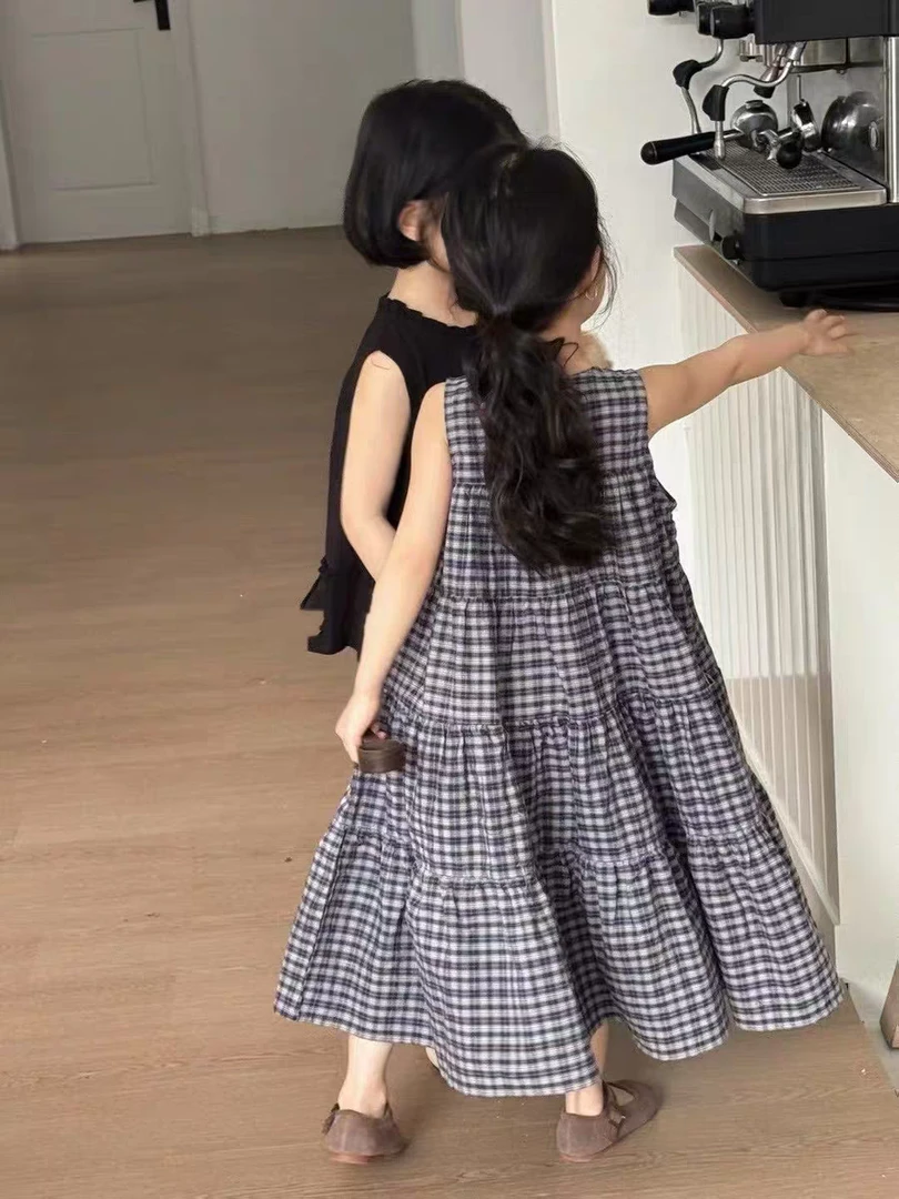 现货！新款童装日系女童格子蛋糕裙儿童时尚洋气无袖背心连衣裙