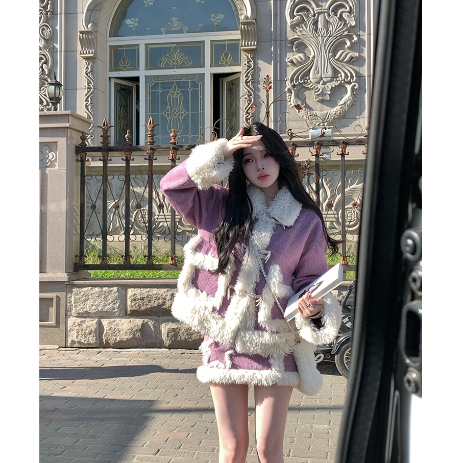 【糖糖】大码女装辣妹拼接毛毛紫色外套高腰半身短裙两件套装13662