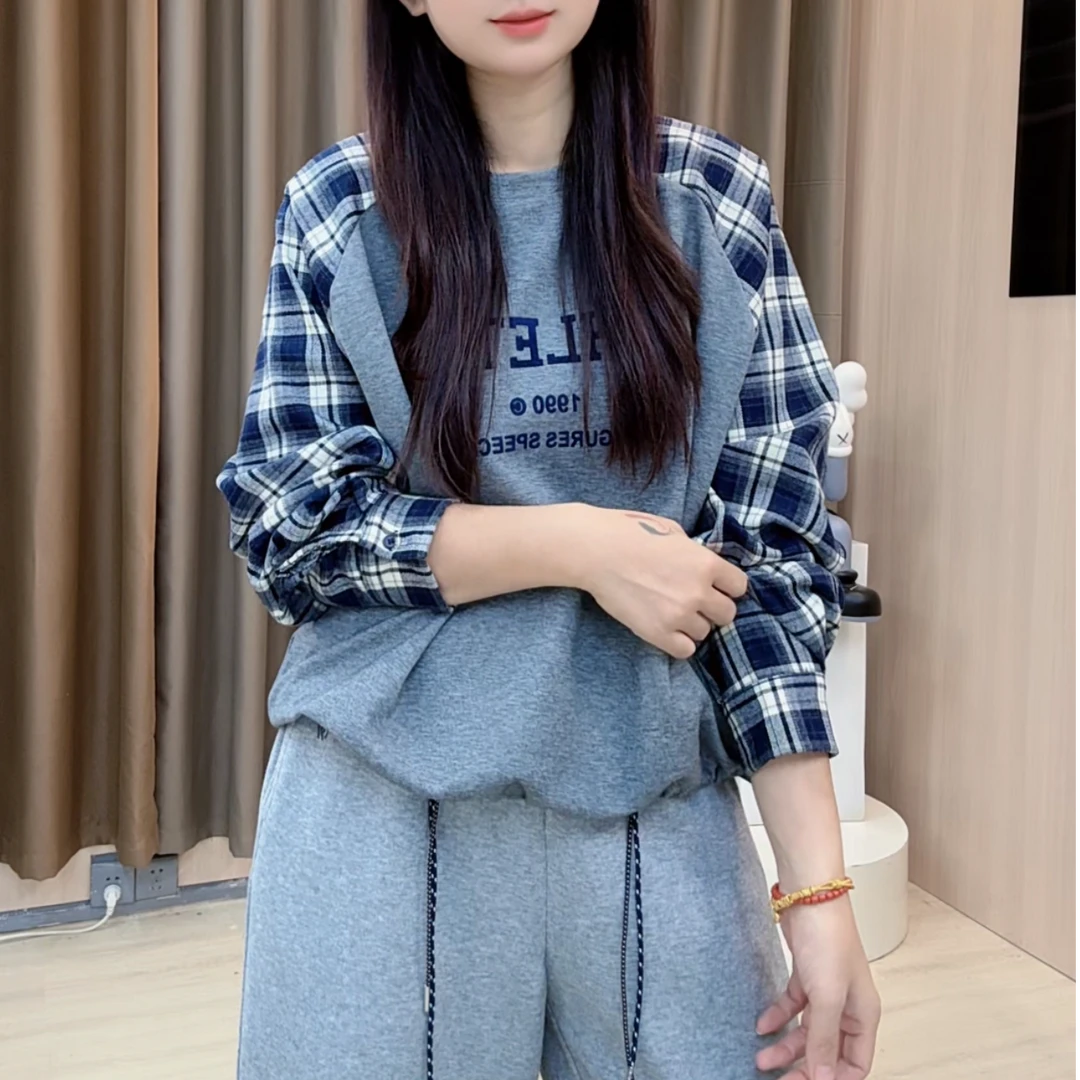 2025秋季新款韩版印花休闲外套宽松拼接格子长袖卫衣女装B220