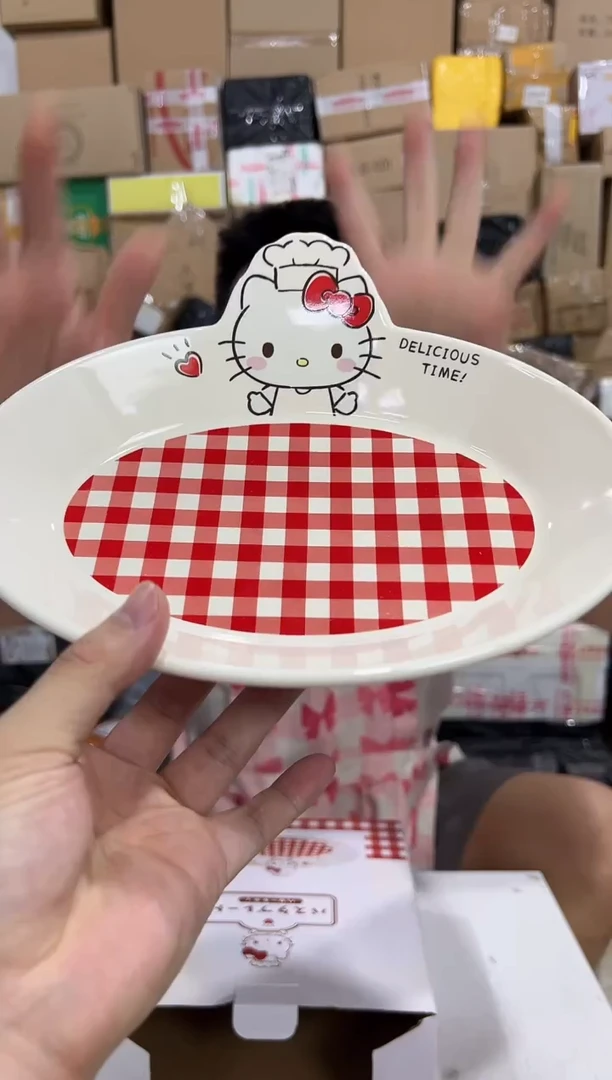 瓷片原盒kt猫红格子餐盘