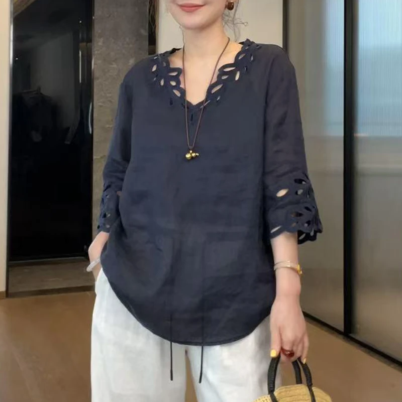 时尚设计感法式宽松女士短袖2025夏季休闲立体镂空胖mm巨显瘦上衣