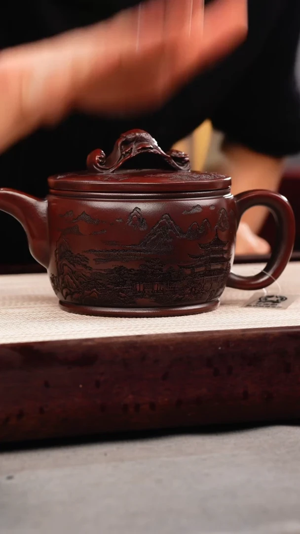 茶杯紫砂铁皮石红 如意大汉瓦 刻绘