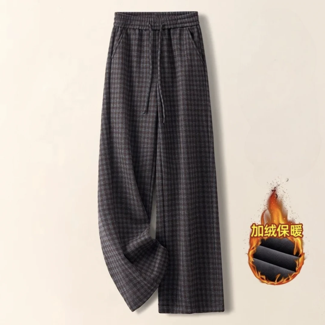 （加绒）秋冬季新款毛呢格子阔腿裤高腰显瘦保暖格纹休闲直筒裤