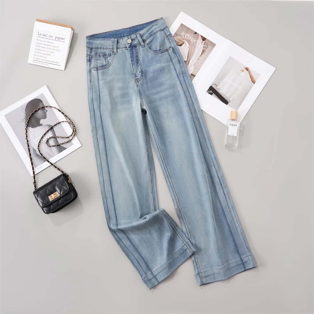 2025夏季薄款莱赛尔天丝微弹力显瘦直筒裤女蓝色高腰休闲牛仔裤女