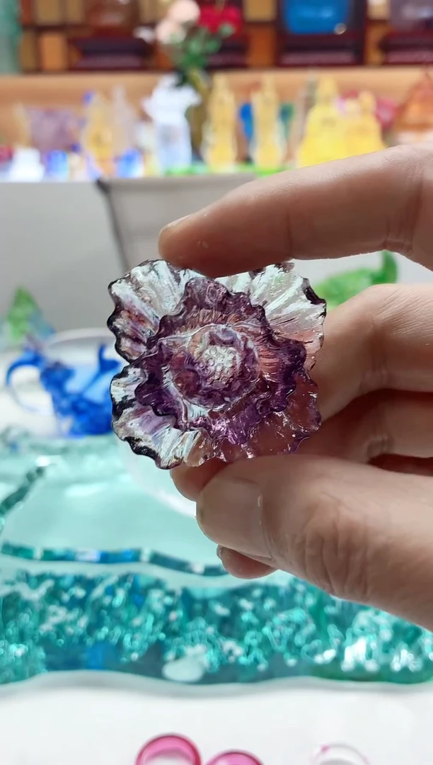 手工艺品琉璃紫色牡丹花小摆件4公分