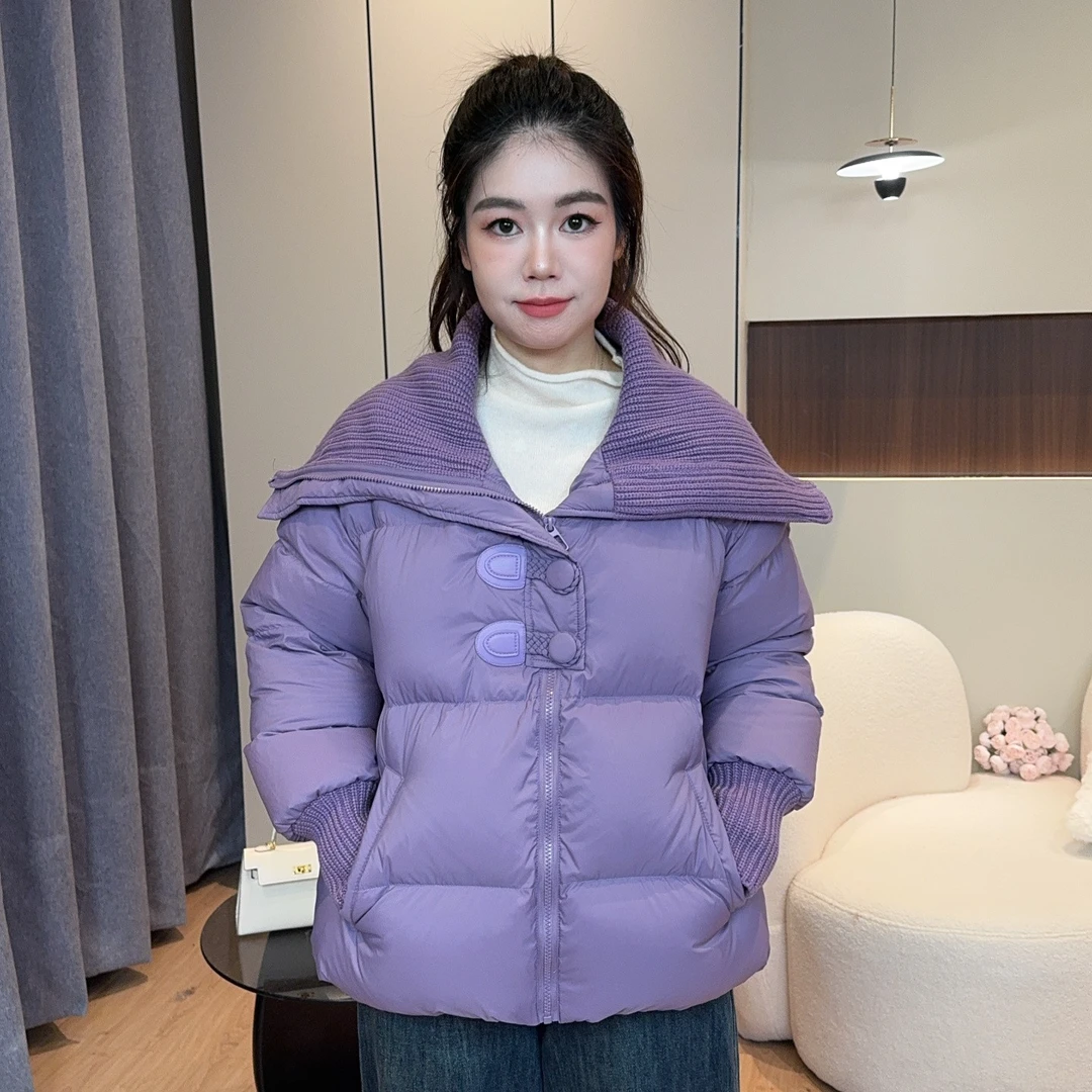 【紫色大翻领】新国标90白鸭绒羽绒服女短款大码200斤胖mm宽松显瘦