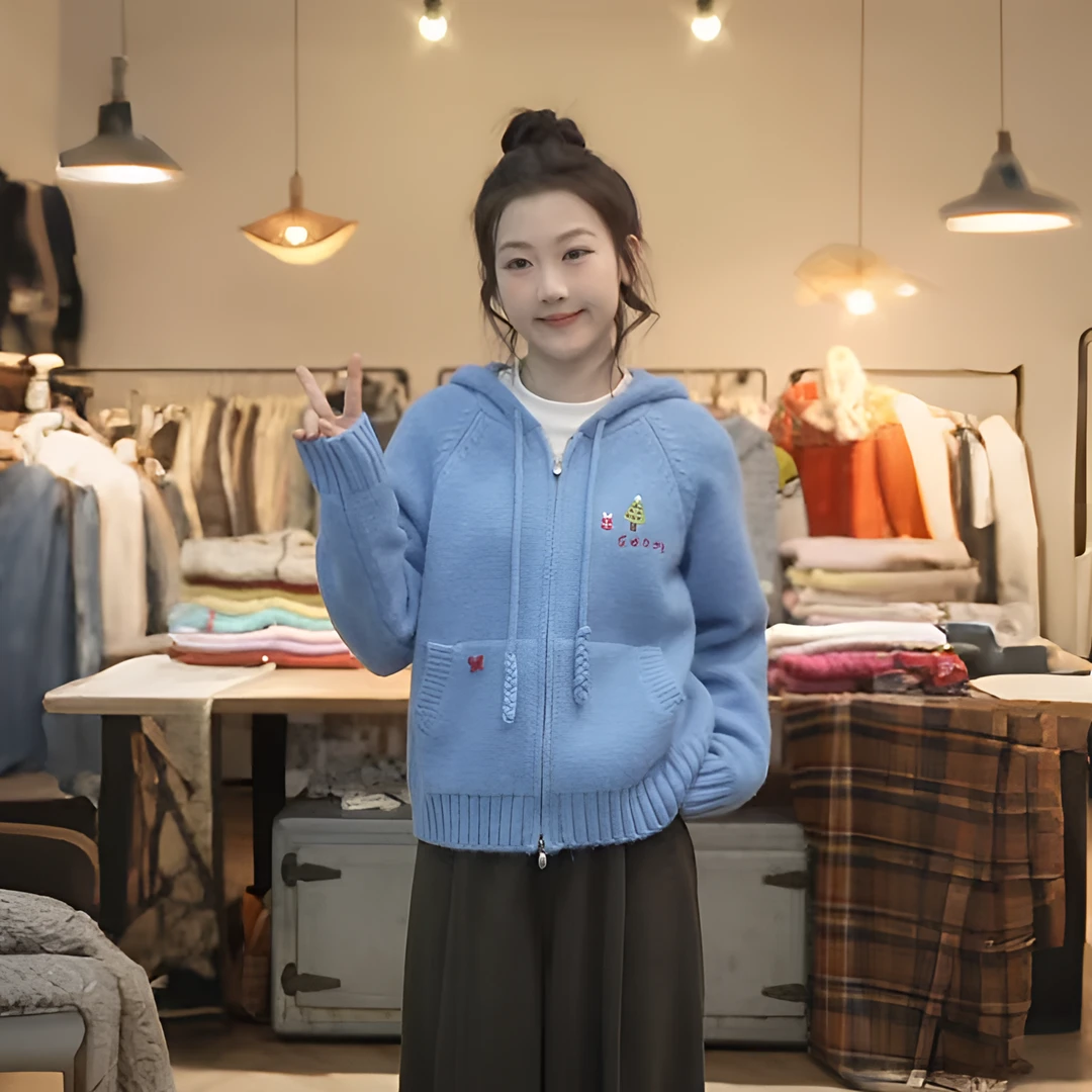 【闵笑一】蓝调限定 韩系刺绣连帽开衫毛衣女蓝色拉链保暖针织衫