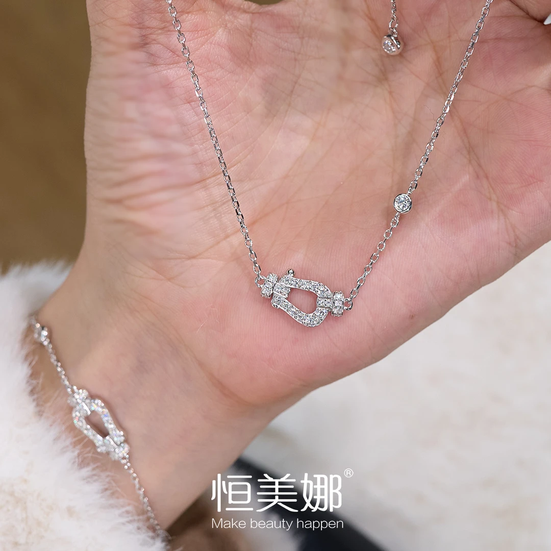 恒美娜 坠链均925银莫桑石 马蹄项链气质轻奢时尚百搭小众简约