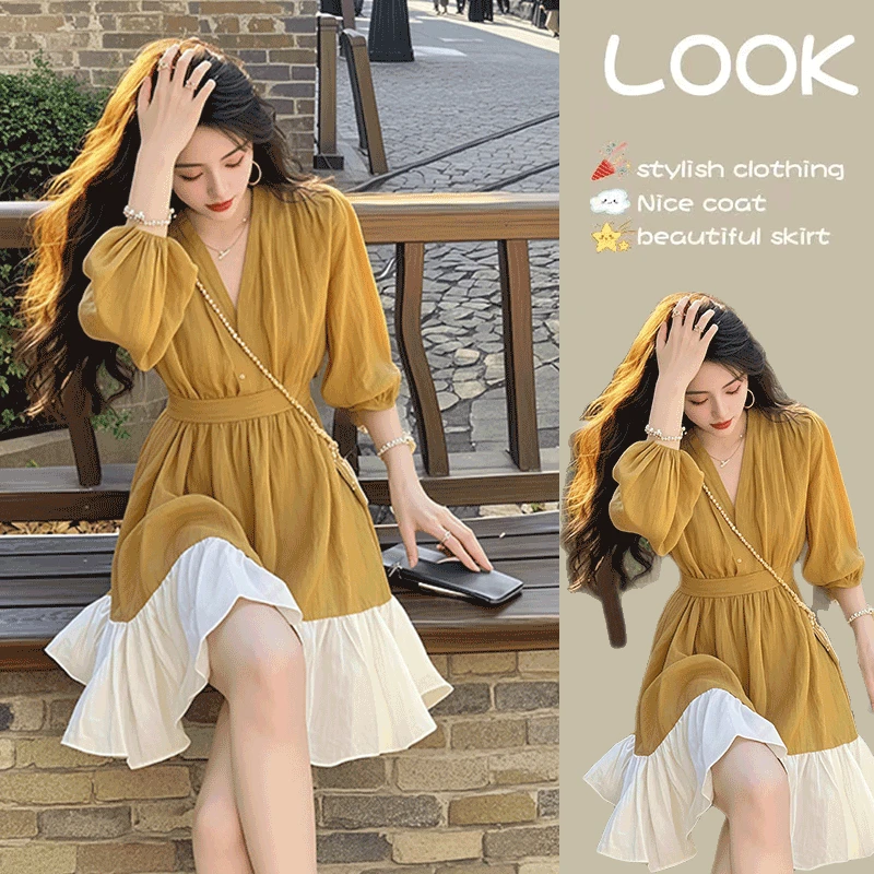 独特超好看气质千金感撞色连衣裙女装2025春夏新款法式衬衫短裙子