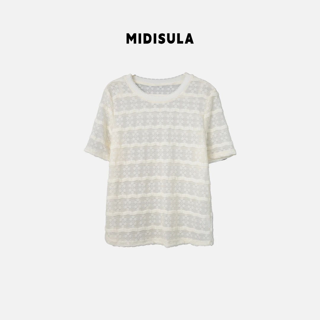 阿玉家&短袖蕾丝衫春夏法式复古雪纺透气上衣圆领花纹百搭#0617