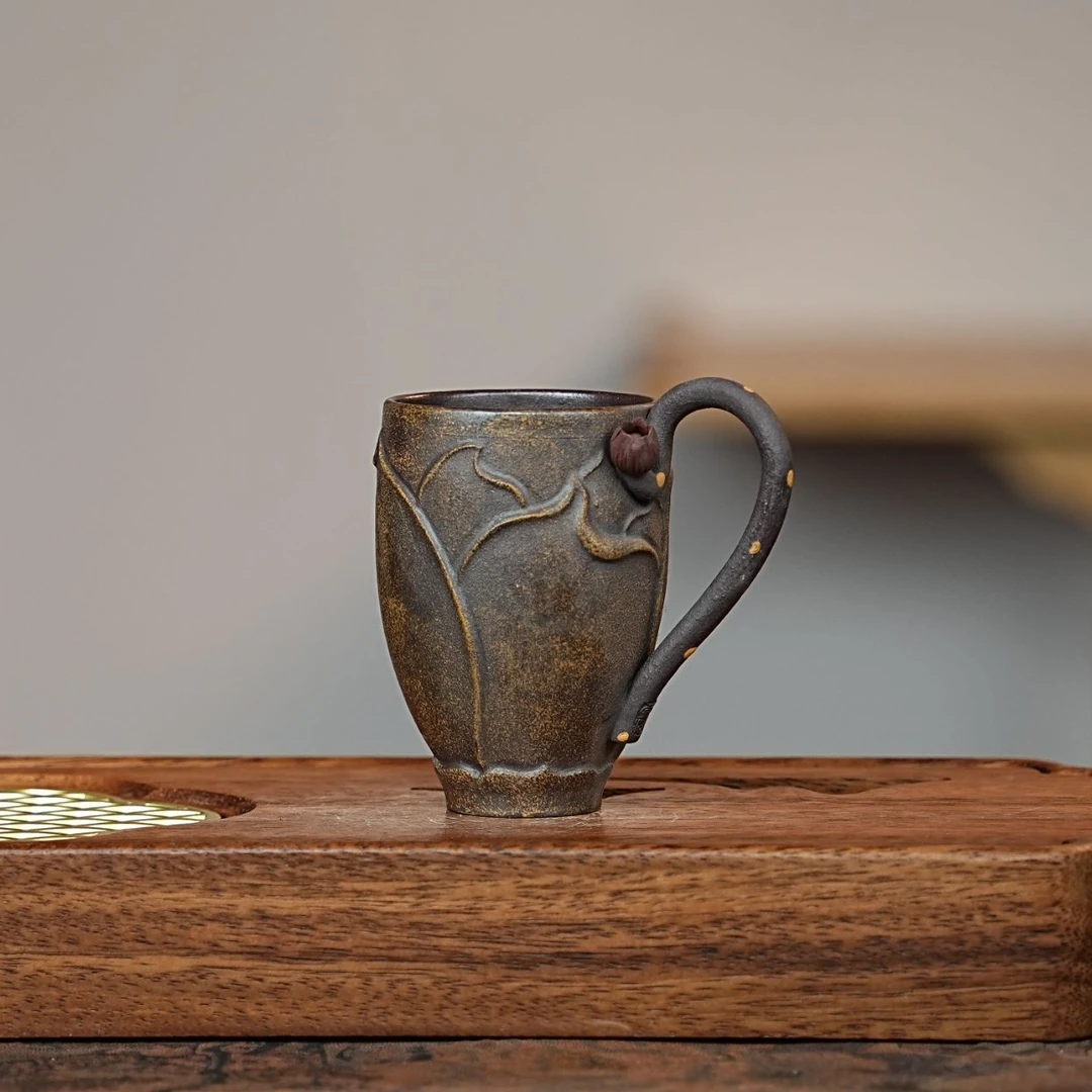 宜兴原矿柴烧荷韵紫砂手把杯