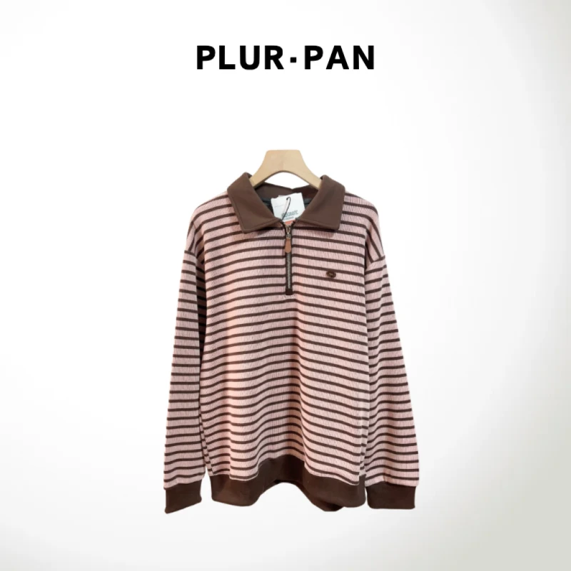 PLUR·PAN韩系半拉链翻领条纹长袖套头卫衣