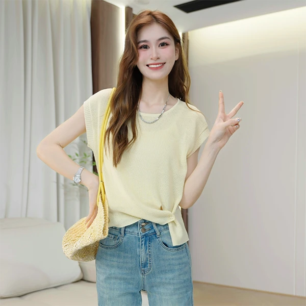 韩版针织衫t恤无袖小衫女夏季2025新款圆领洋气上衣时尚宽松6633