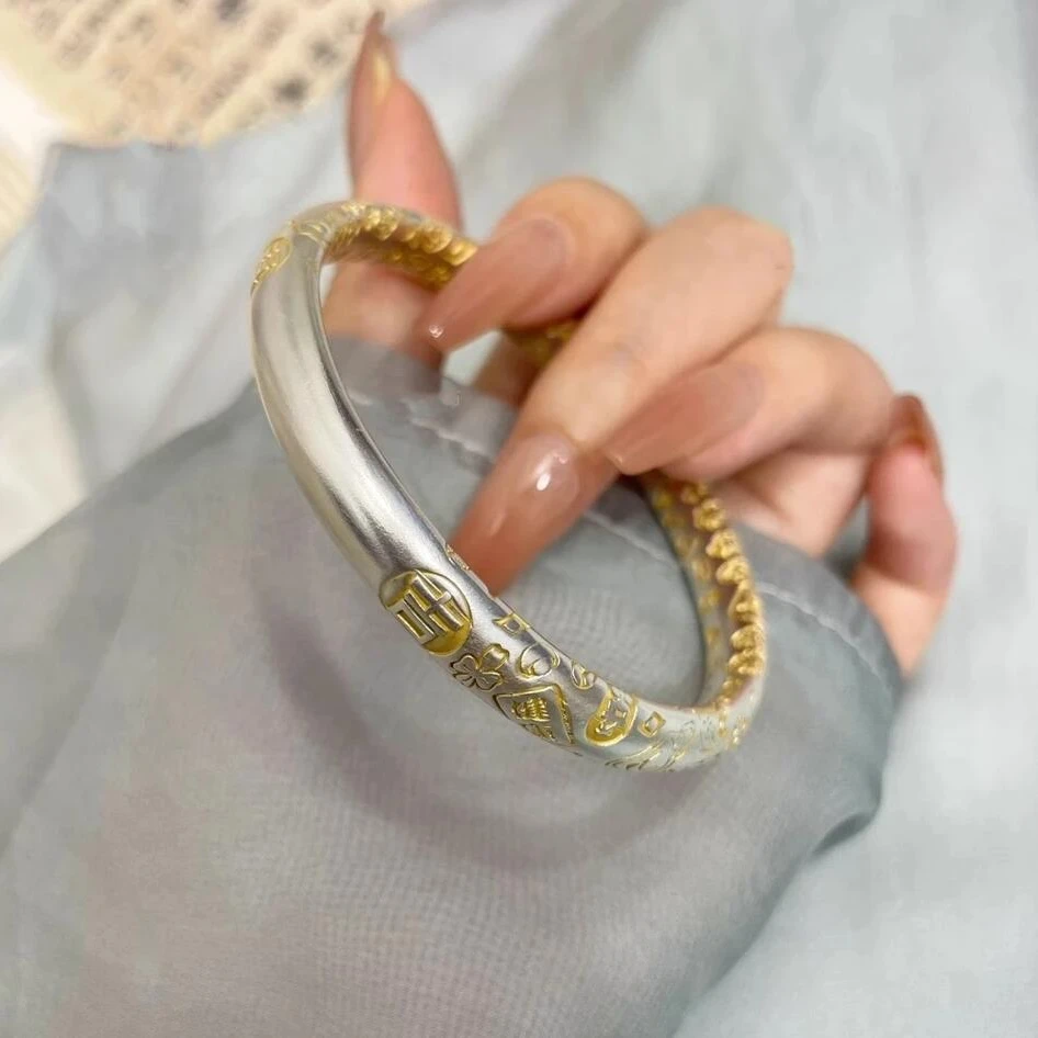 足银手镯 999.9 【0008】60g 时尚古法吉言描金招财猫国风百搭手镯