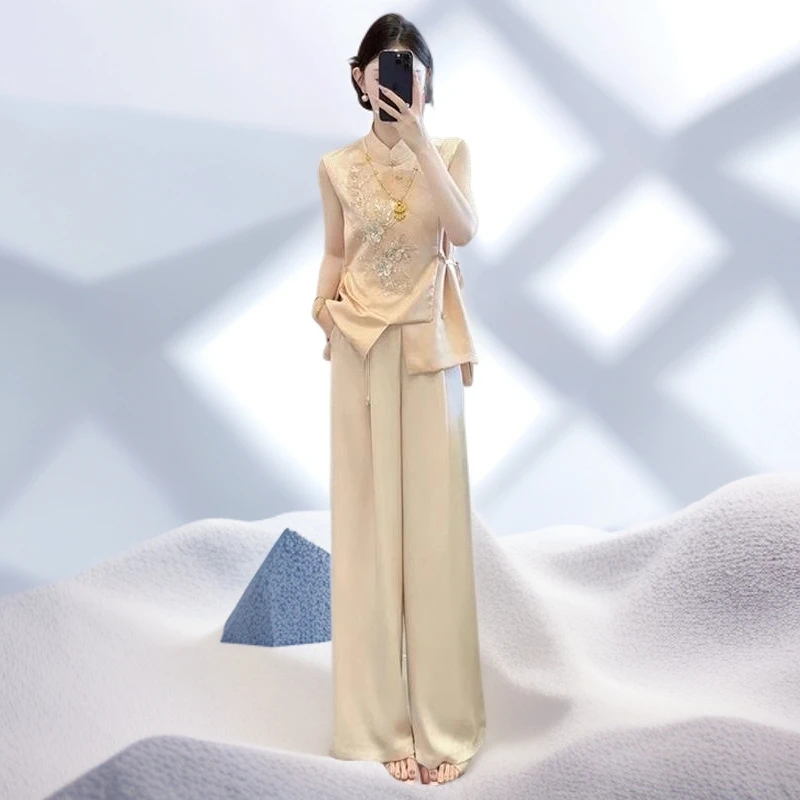 新中式国风套装女大码胖mm改良旗袍无袖上衣阔腿裤高级好看两件套